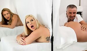 Two curvaceous MILFs getting fucked by cocky masseur