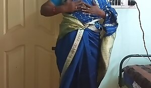 des indian horny cheating tamil telugu kannada malayalam hindi wife vanitha wearing blue colour saree  showing big boobs and shaved pussy press hard boobs press nip rubbing pussy masturbation