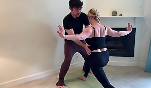 Stepson helps stepmom with yoga coupled with bra-less her cum-hole