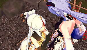 Futa Ganyu fucks Ningguang doggystyle and finishes off adjacent to her vagina - Genshin Influence Futanari Hentai.
