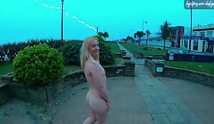 Youthful blond exhibitionist wifey on foot nude around Felixstowe seafront, England