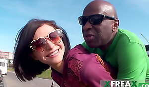 Ukrainian hitch hiker Lina Arian gets picked up by a black dude down a car and then abysm throats on the top of his broad down the beam black cock